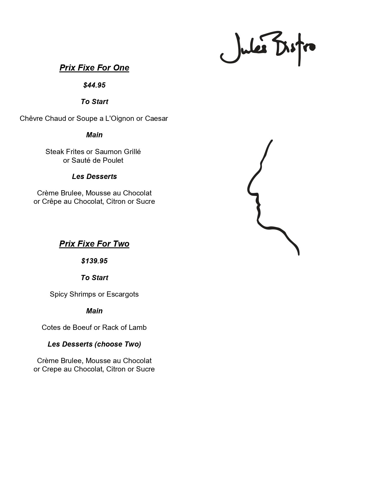 A menu of the restaurant la vie