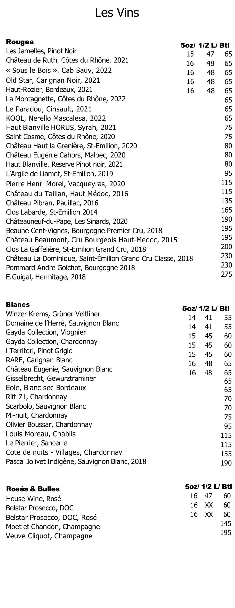 A table with wine prices and the price of each wine.